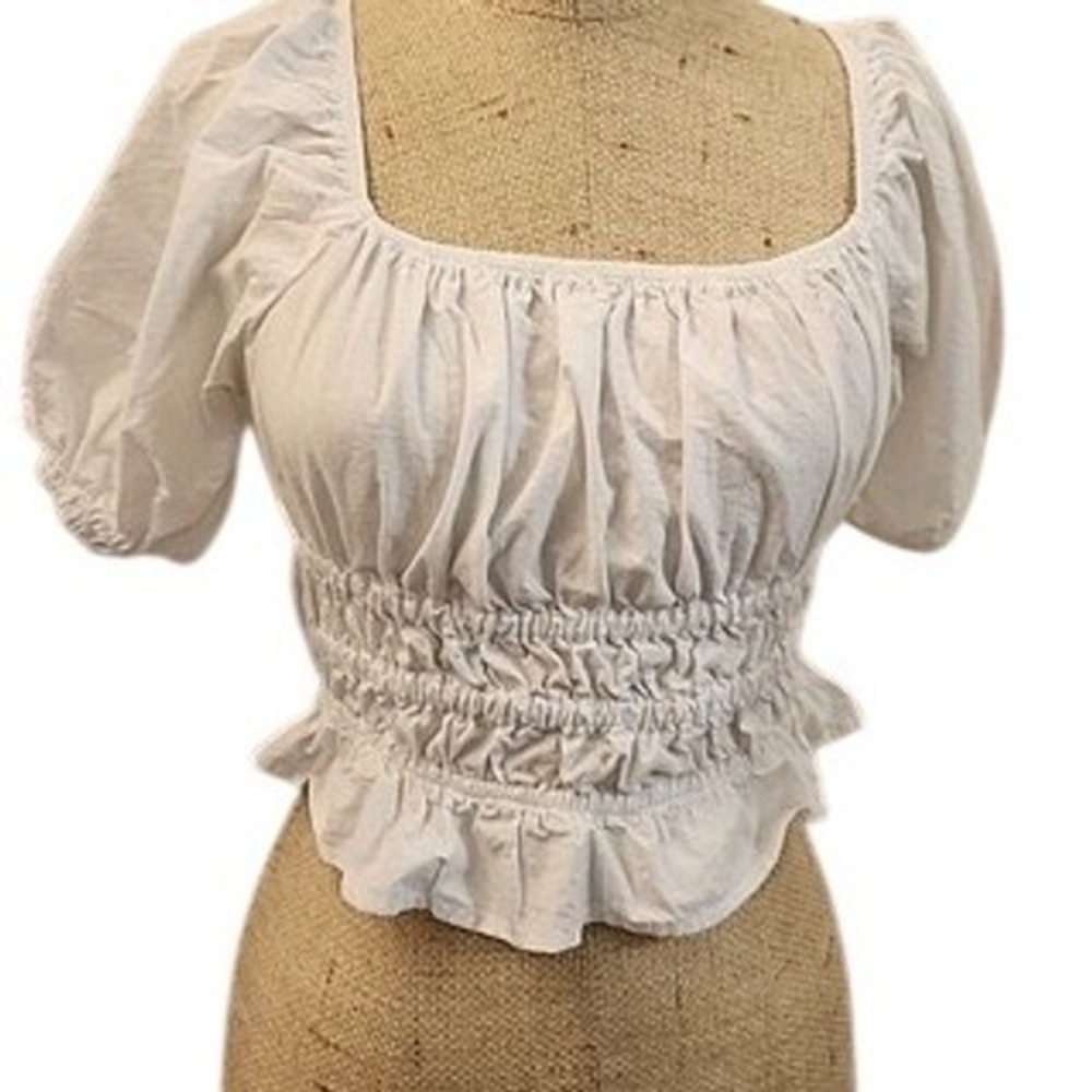 Sim & Sam White Puff Sleeve Corset Crop Top Cotton Ruched Front Tie Back Size XS